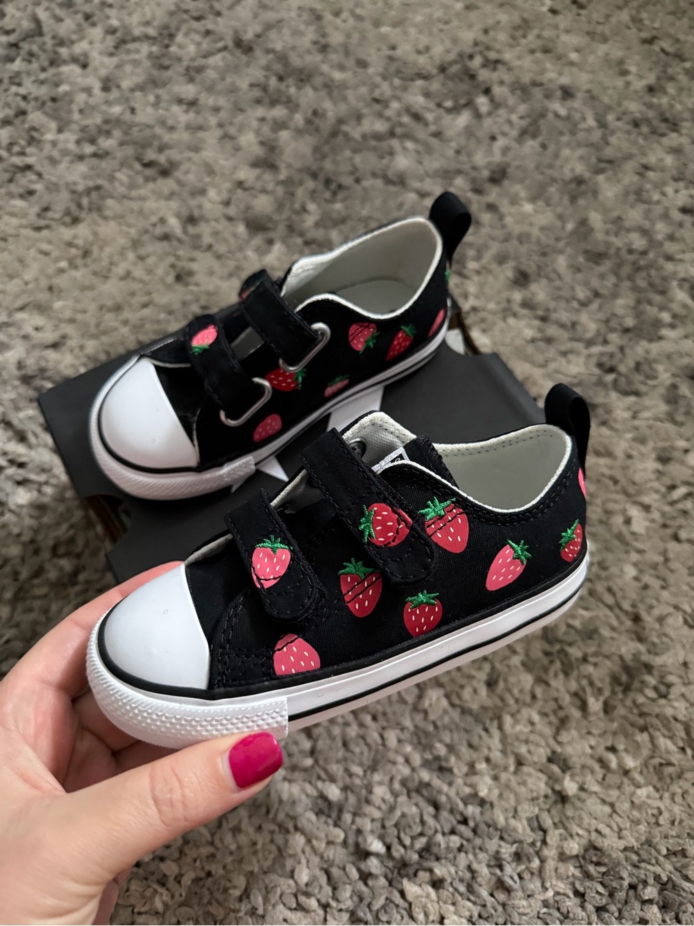 Converse Kids Black Canvas Sneakers with Pink Strawberry Print